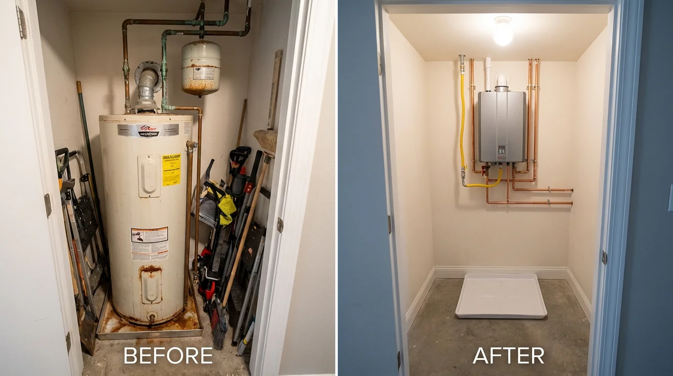 Tank water heater versus wall-mounted tankless unit comparison for Logan, IA homeowners
